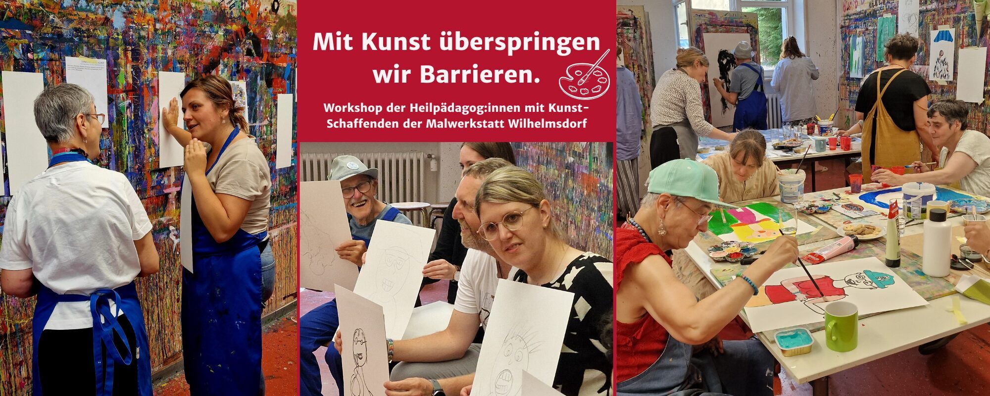 Das Bild trägt den Titel' Mit Kunst überspringen wir Barrieren. Es zeigt unterschiedliche Szenen eines gemeinsamen Workshops der Studierenden der Heilpädagogik mit Kunstschaffenden der Zieglerschen.