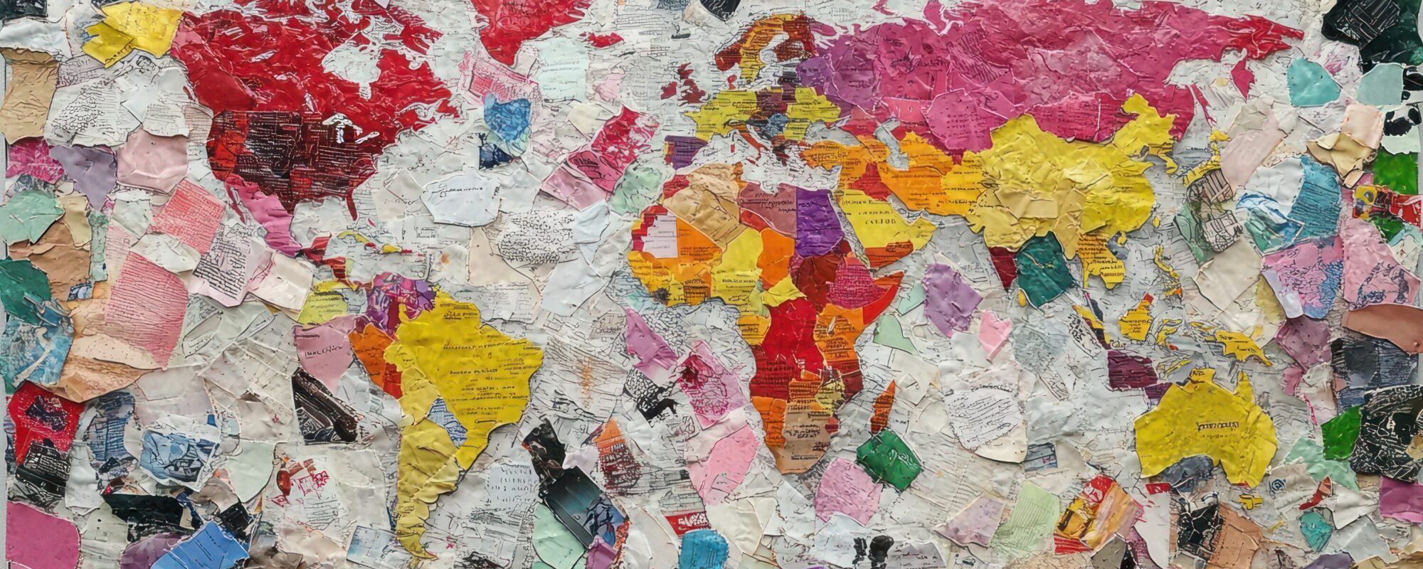 Eine Weltkarte als bunte Collage gestaltet