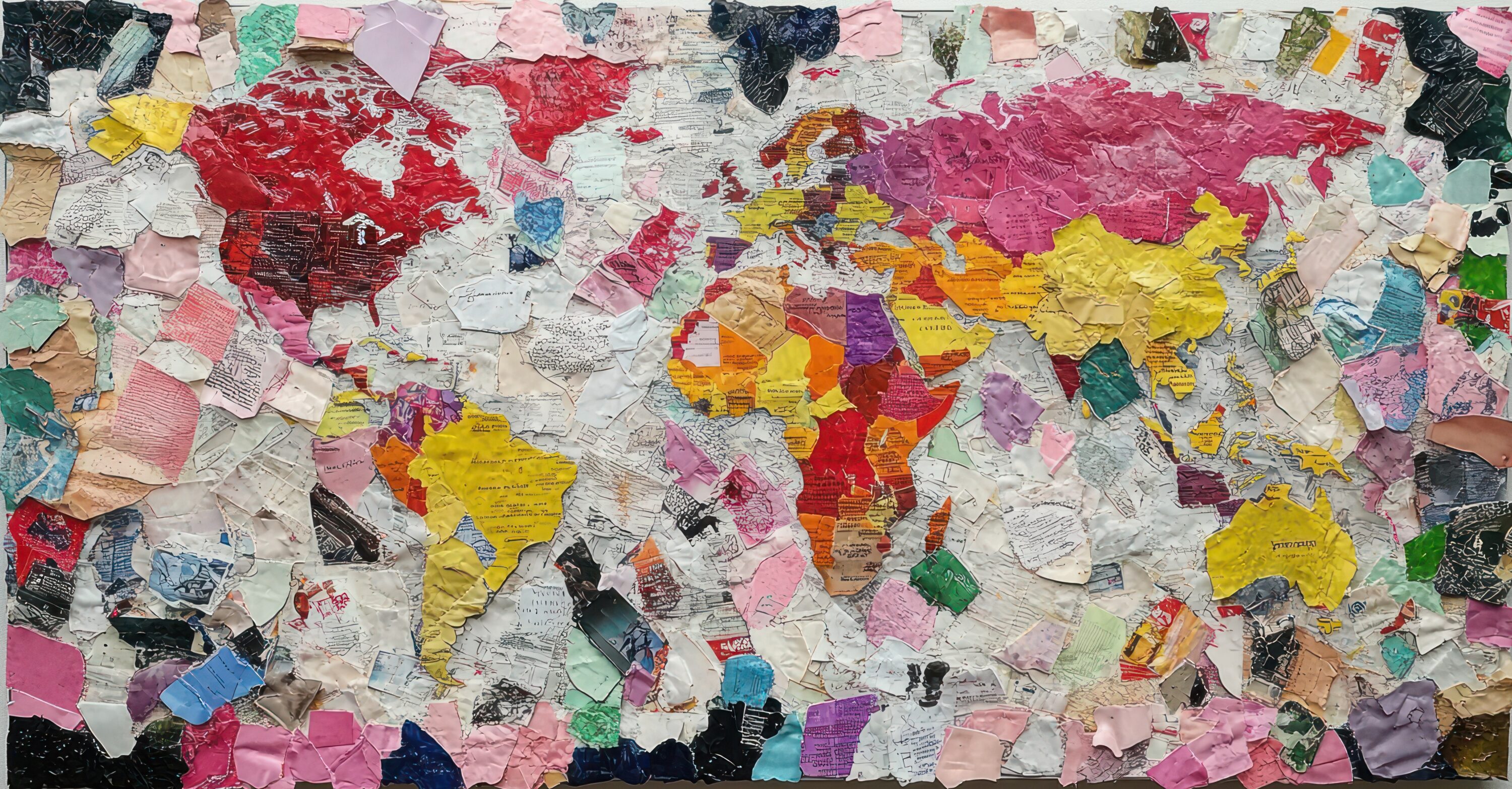 Eine Weltkarte als bunte Collage gestaltet