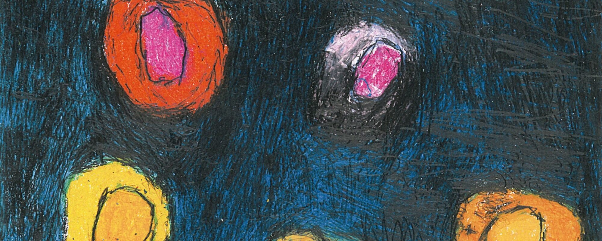 Das Bild zeigt fünf blütenartige Kreise in rot und orangefarbenen Tönen vor einem dunkelblauen Hintergrund.