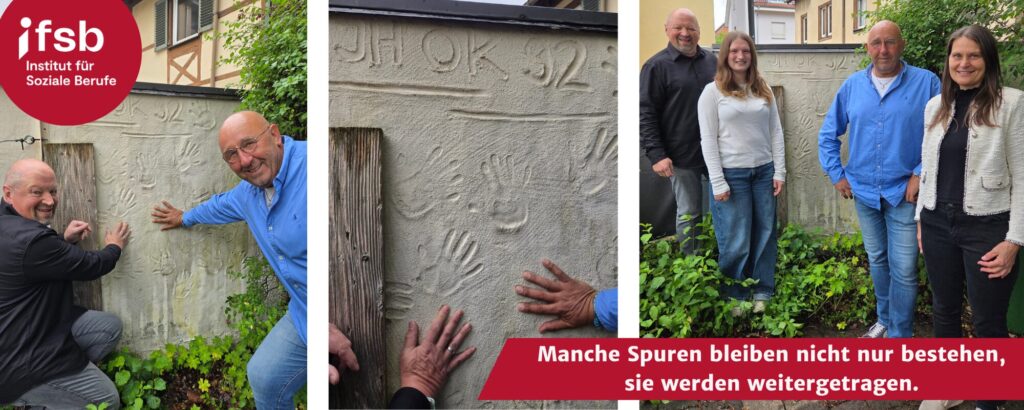 Ehemalige Schüler des Fachbereichs Jugend und Heimerziehung an ihrem Denkmal auf dem IfSB Schulgelände