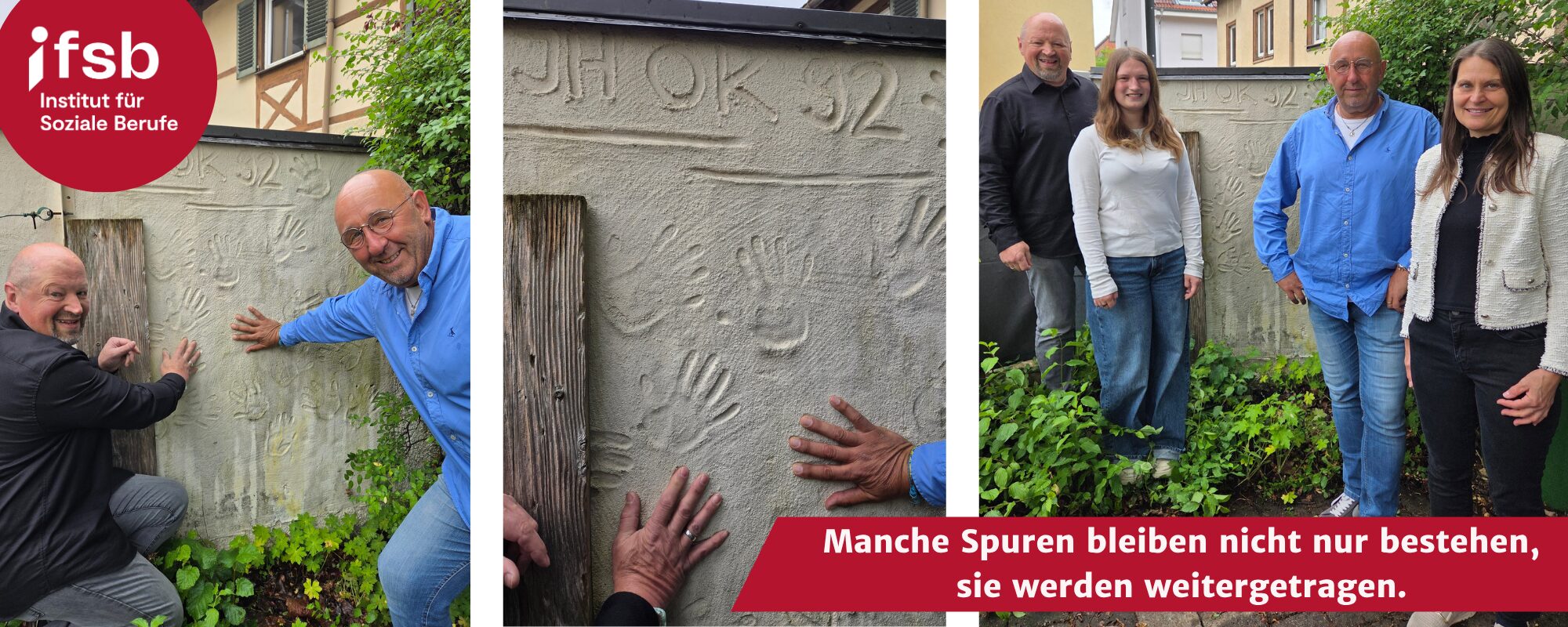 Ehemalige Schüler des Fachbereichs Jugend und Heimerziehung an ihrem Denkmal auf dem IfSB Schulgelände